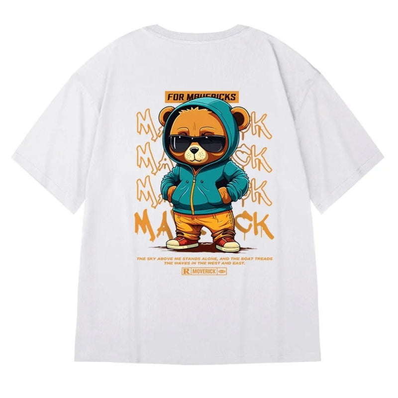 2024 Novo Hip-Hop Cartoon Pocket Bear Impresso Pescoço Redondo