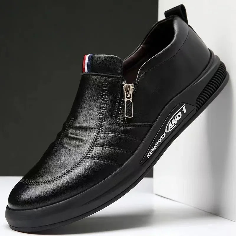 Sapatos casuais de couro Tendência Marca Loafers Outono zip flat Homem Tenis de Negócios Mocassins Confortáveis